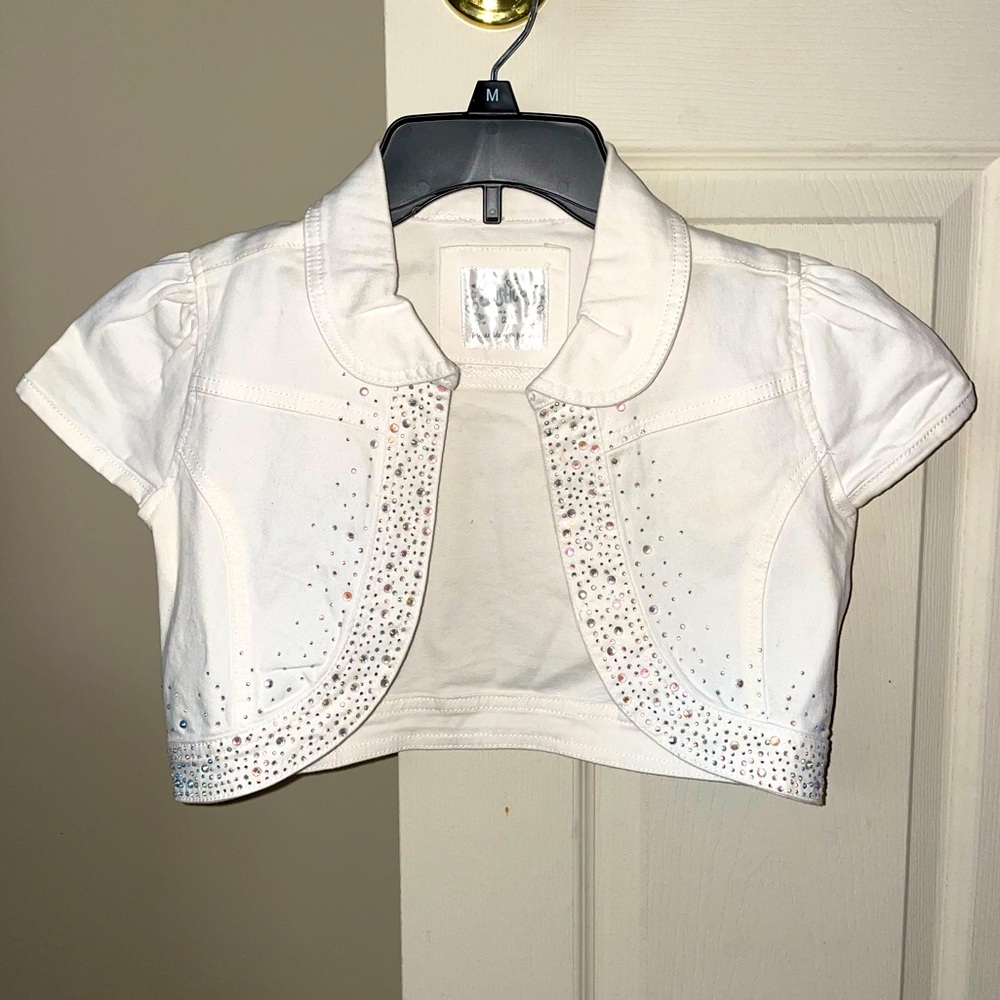Justice, Girls Size 12, White Denim Crop Jacket with Rhinestones & Silver Studs